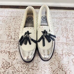 Women's White and Silver Golf Shoe Loafers with Tassels